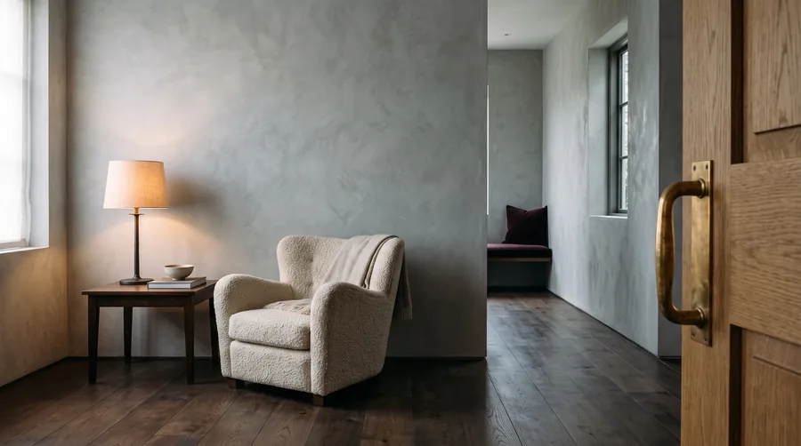 Ein Wohnzimmer im späten Nachmittagslicht, seine Materialien Punkt für Punkt markiert