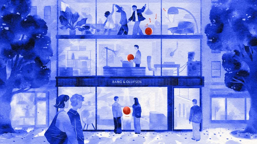 Bang & Olufsen Reloved Illustration eines Bang & Olufsen Geschäfts mit Reloved-Auslage im Schaufenster