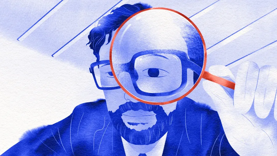 Bang & Olufsen Reloved Illustration eines Technikers, der ein Produkt durch eine Lupe prüft