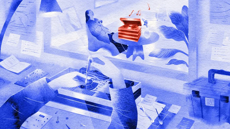 Bang & Olufsen Reloved Illustration von Händen, die einen Plattenspieler auf einer Werkbank aufbereiten