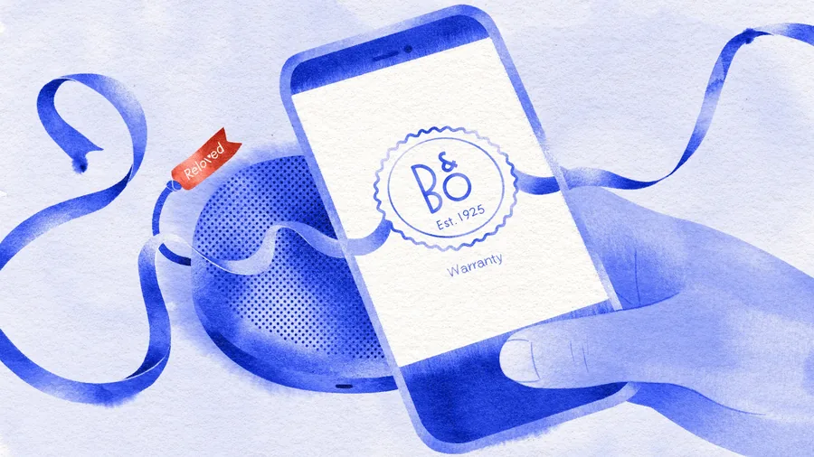Bang & Olufsen Reloved Illustration eines Smartphones mit Garantiezertifikat neben einem Lautsprecher mit Reloved-Anhänger